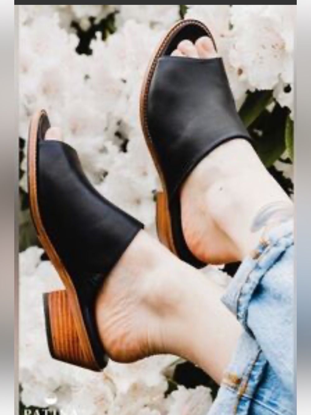 Portland Leather Patina Black Leather open toe slide sandals, stack heel size 8